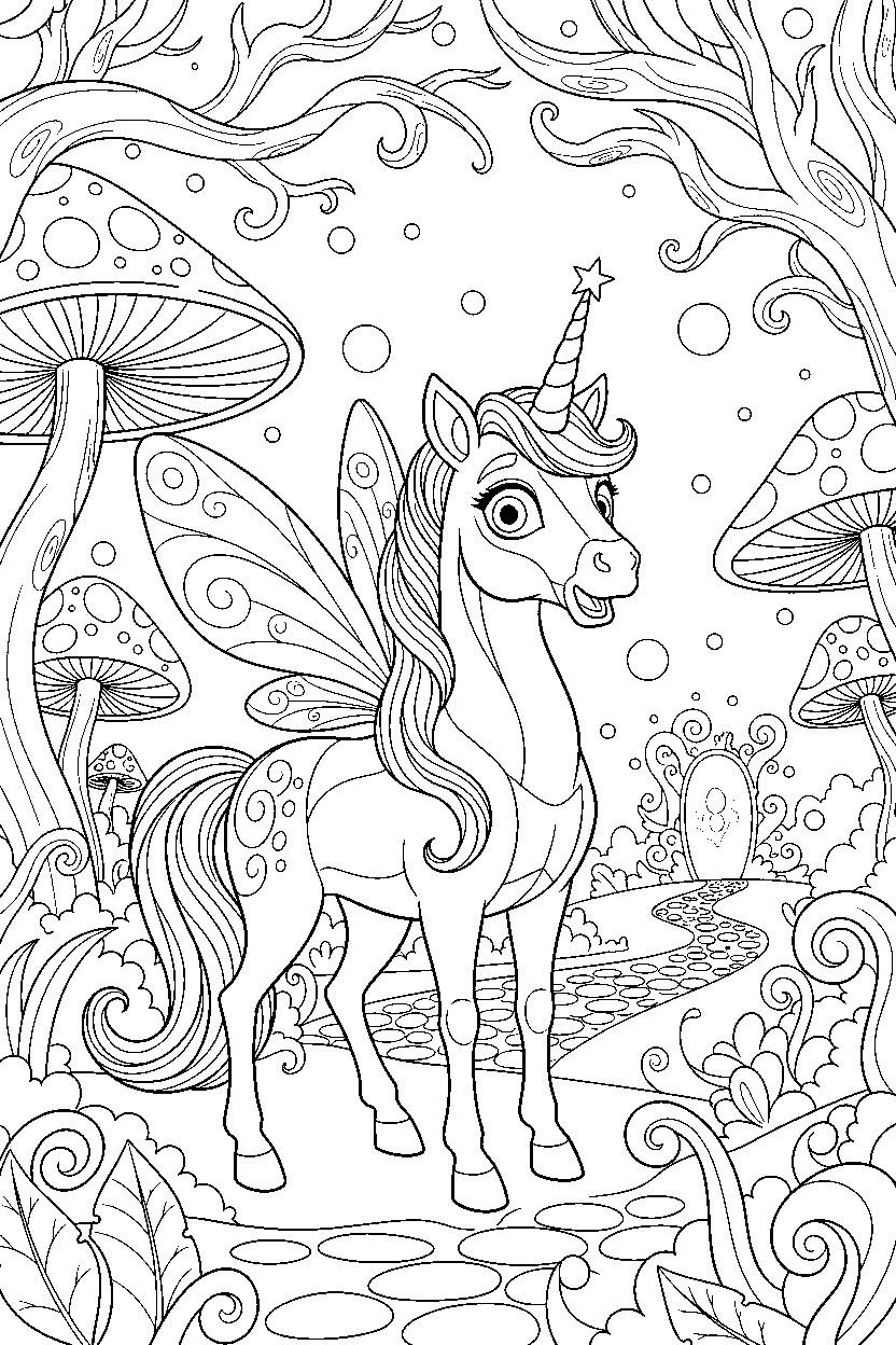 fairy unicorn looking surprised in a magical forest line art