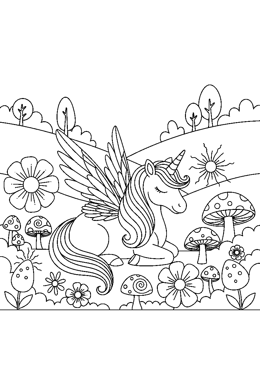fairy unicorn resting peacefully in a glowing valley line art