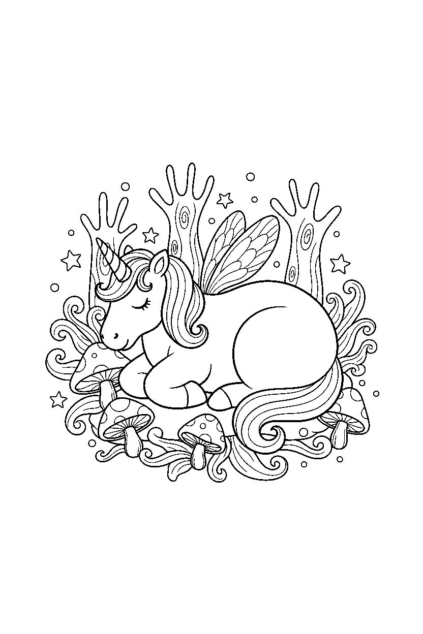 fairy unicorn resting peacefully in a magical forest line art