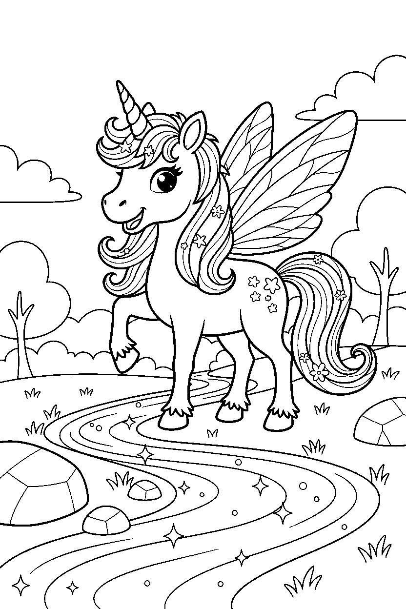 fairy unicorn smiling happily near a sparkling river line art
