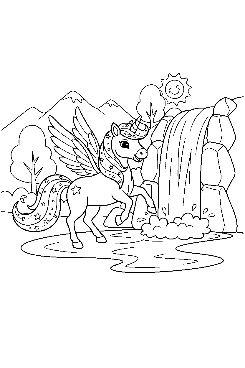 fairy unicorn trotting happily near a waterfall line art
