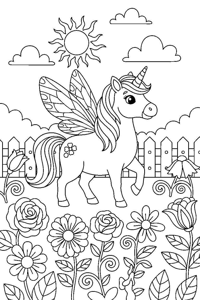 fairy unicorn walking happily near a flower garden line art