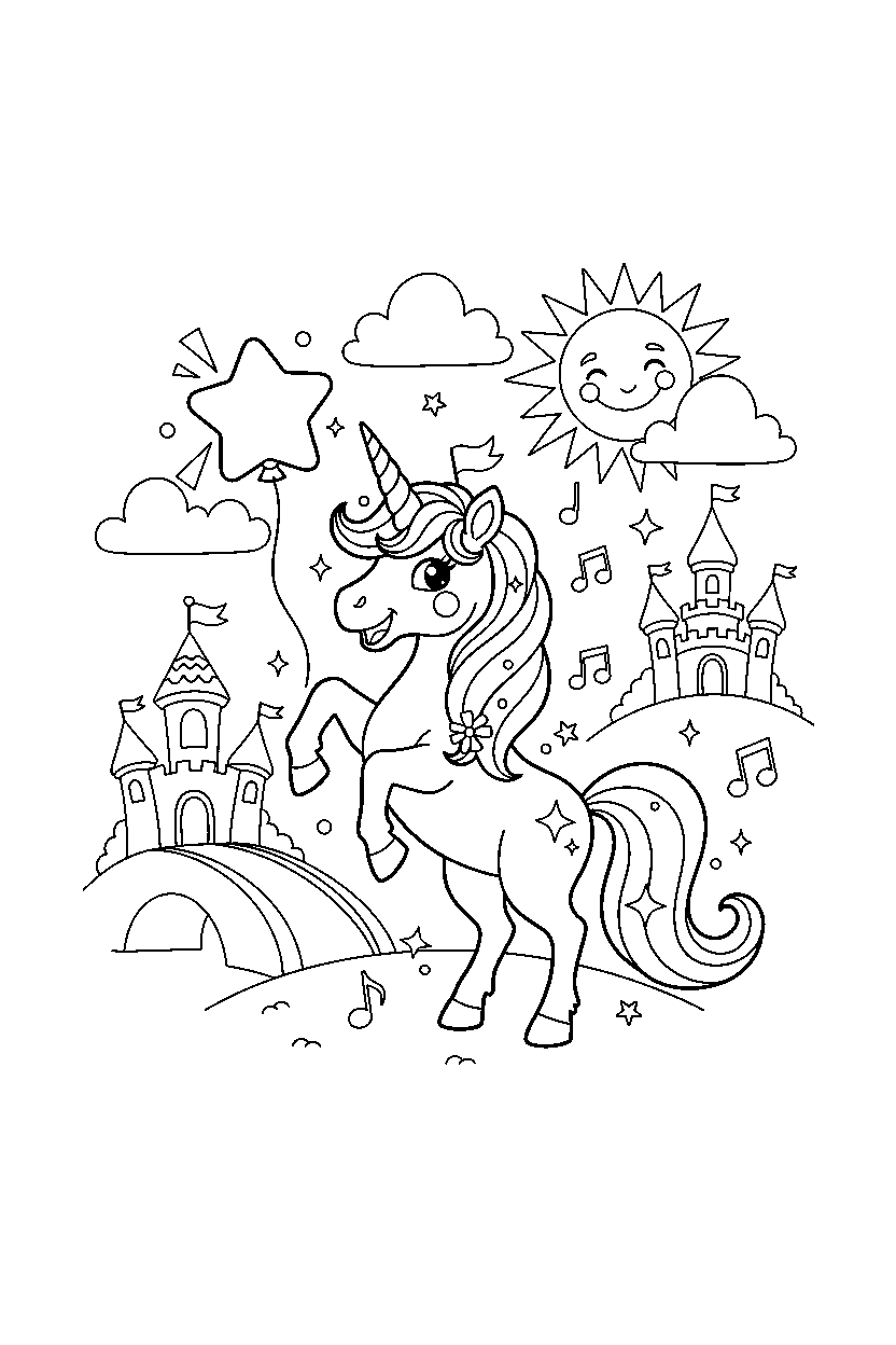 fantasy unicorn celebrating happily in a magic kingdom line art
