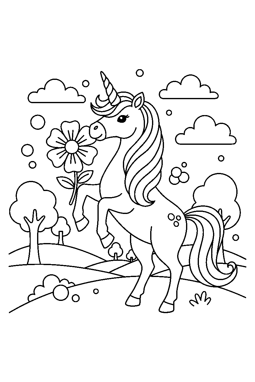 fantasy unicorn holding a flower in a colorful world line art