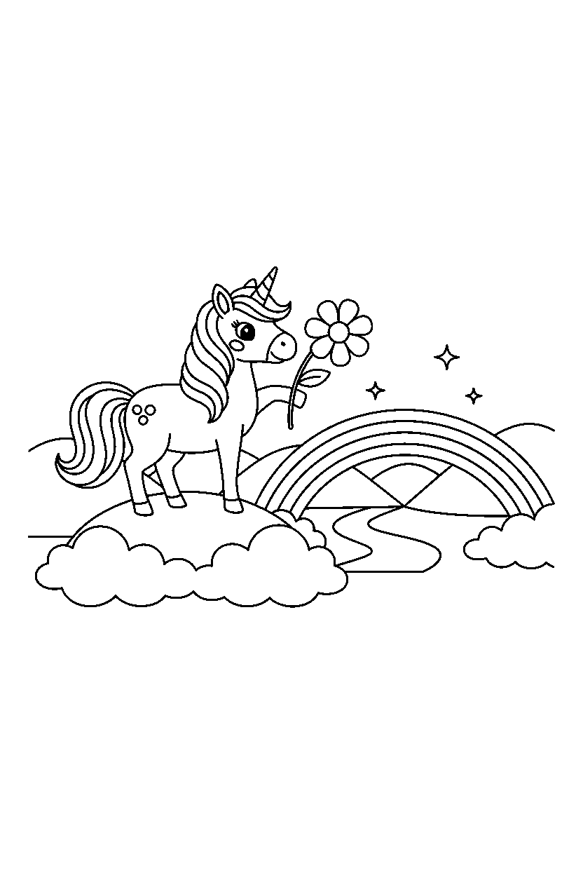 fantasy unicorn holding a flower near a rainbow bridge line art