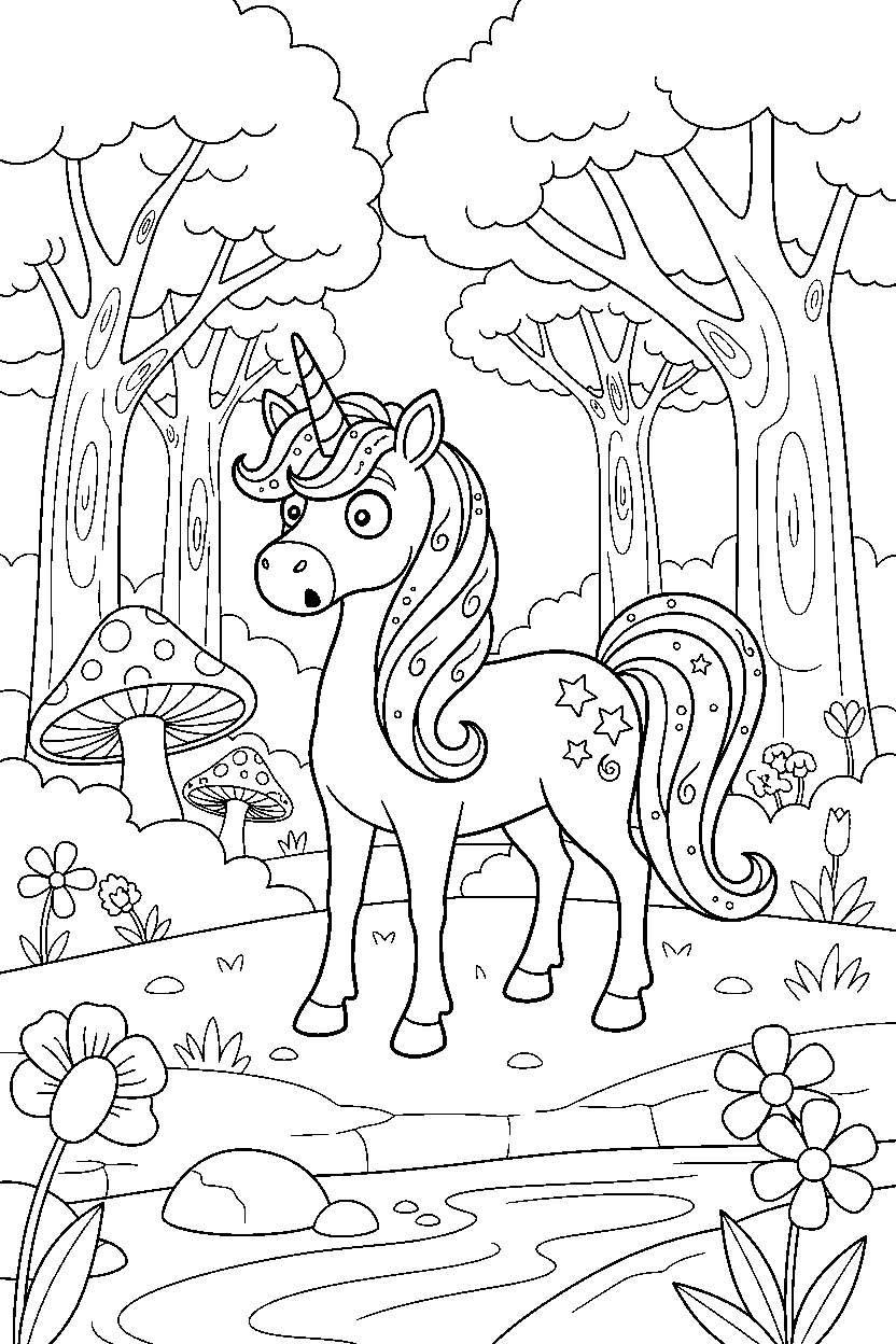 fantasy unicorn looking surprised in a hidden forest line art
