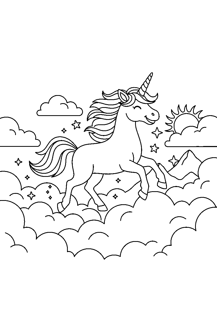 fantasy unicorn running happily on a cloud land line art