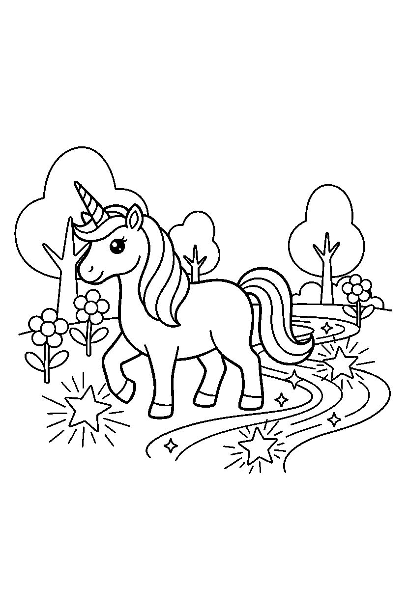 fantasy unicorn walking gently near a sparkling river line art