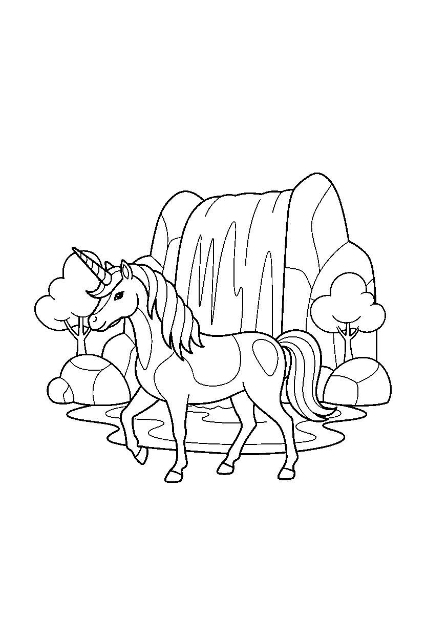 fantasy unicorn walking proudly near a waterfall line art