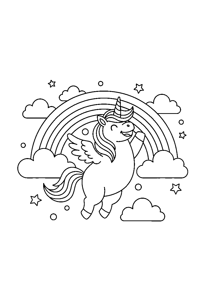 flying unicorn celebrating happily under a rainbow sky line art