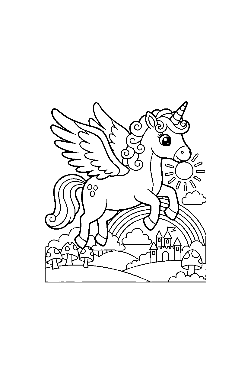 flying unicorn getting ready to fly in a fantasy land line art