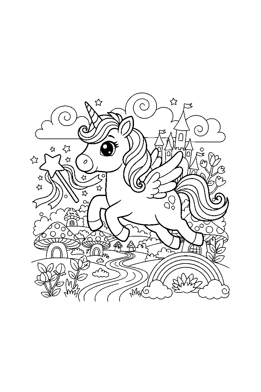 flying unicorn holding a magic wand in a colorful world line art
