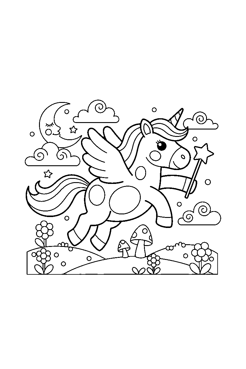 flying unicorn holding a magic wand in a dreamy landscape line art