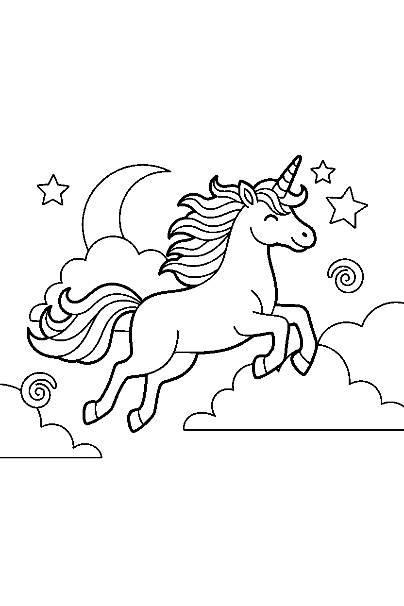 flying unicorn jumping happily in a dream world line art