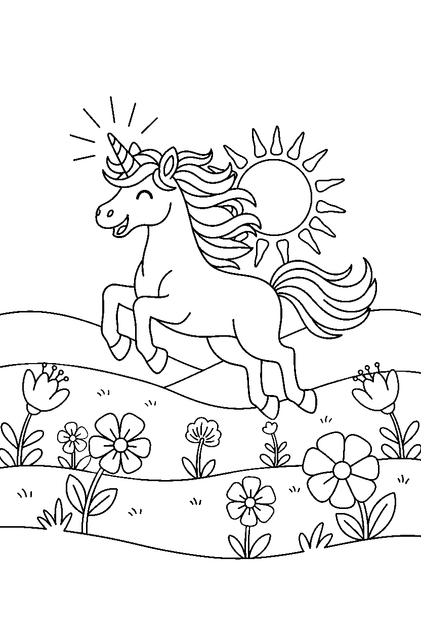 flying unicorn jumping happily in a glowing meadow line art