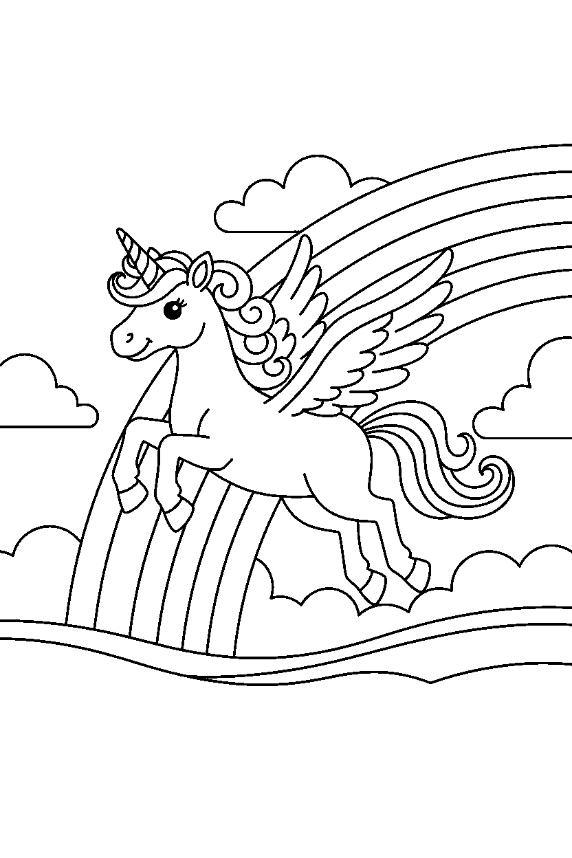 flying unicorn jumping with joy near a rainbow line art