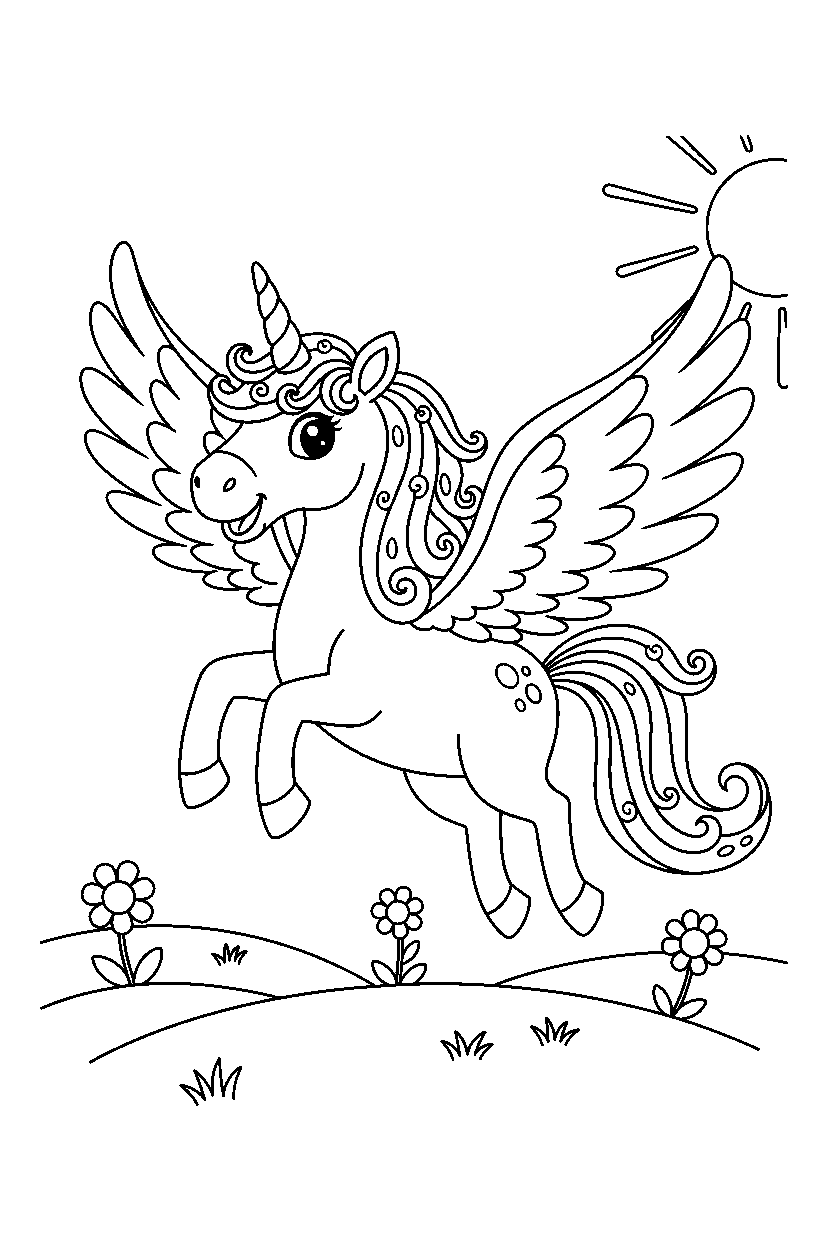 flying unicorn looking excited on a bright meadow line art