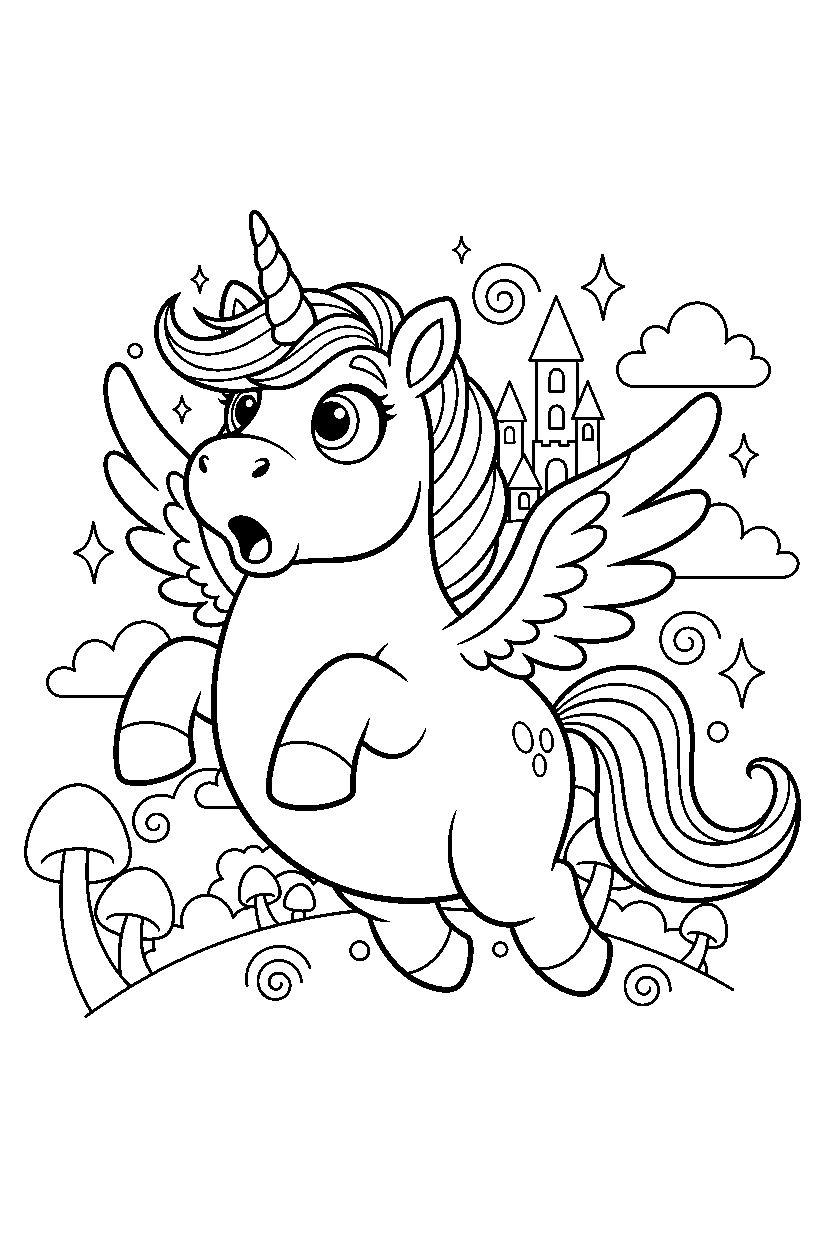 flying unicorn looking surprised in a fantasy land line art