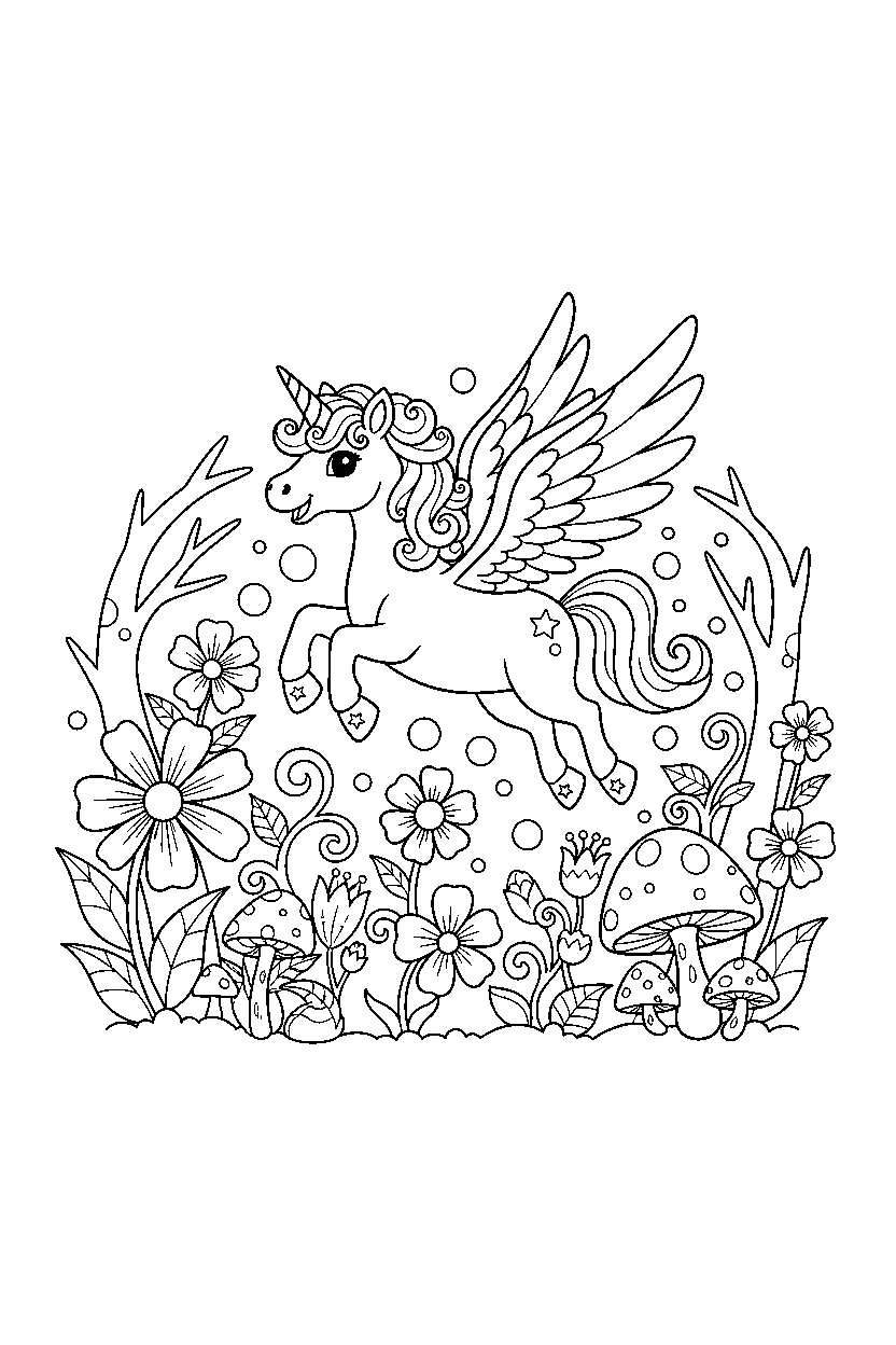 flying unicorn playing happily in a magical garden line art