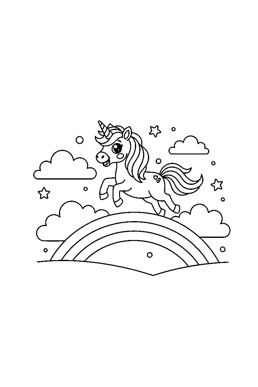 flying unicorn playing happily on a rainbow hill line art