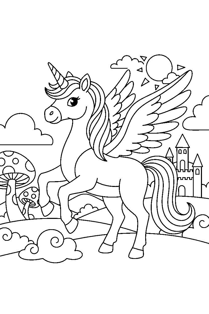 flying unicorn posing proudly in a fantasy land line art