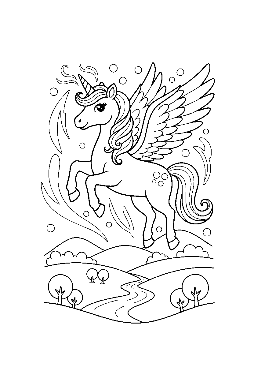 flying unicorn posing proudly in a glowing valley line art