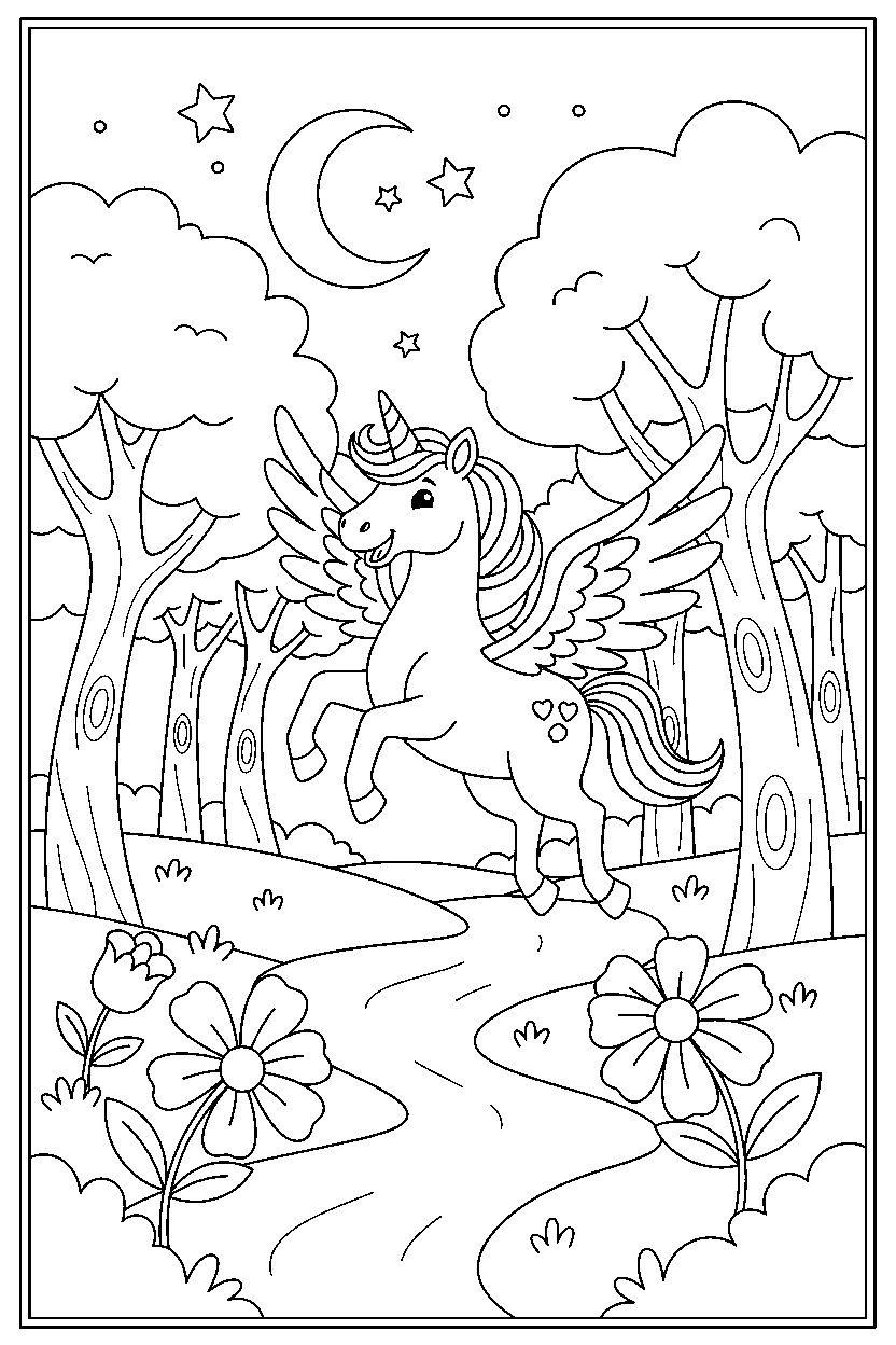 flying unicorn prancing happily in a hidden forest line art