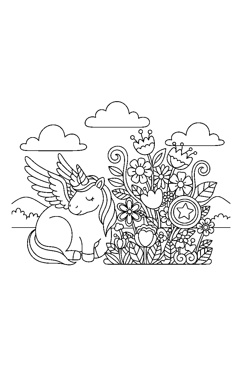 flying unicorn resting peacefully near a flower garden line art