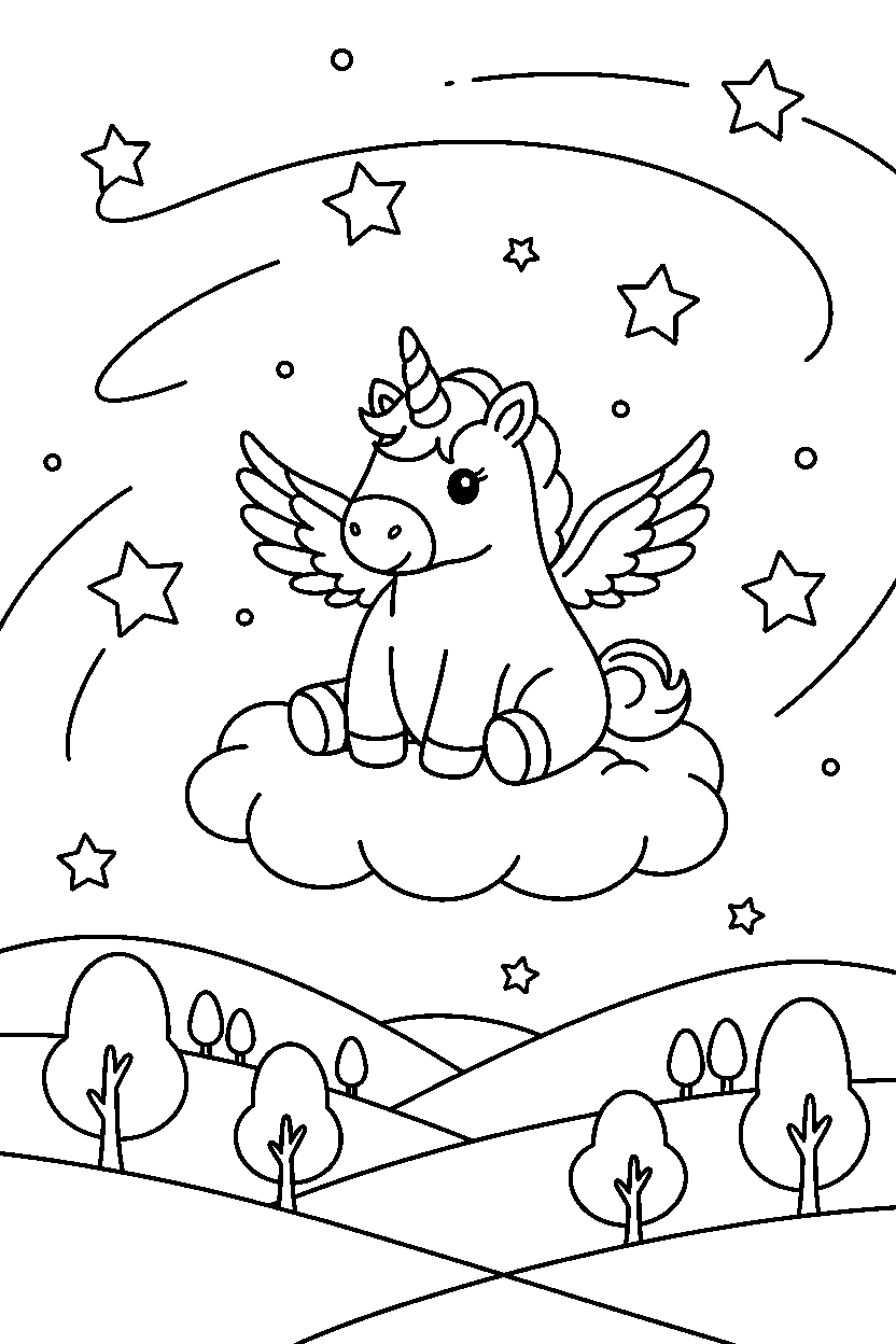 flying unicorn sitting peacefully in a starry valley line art