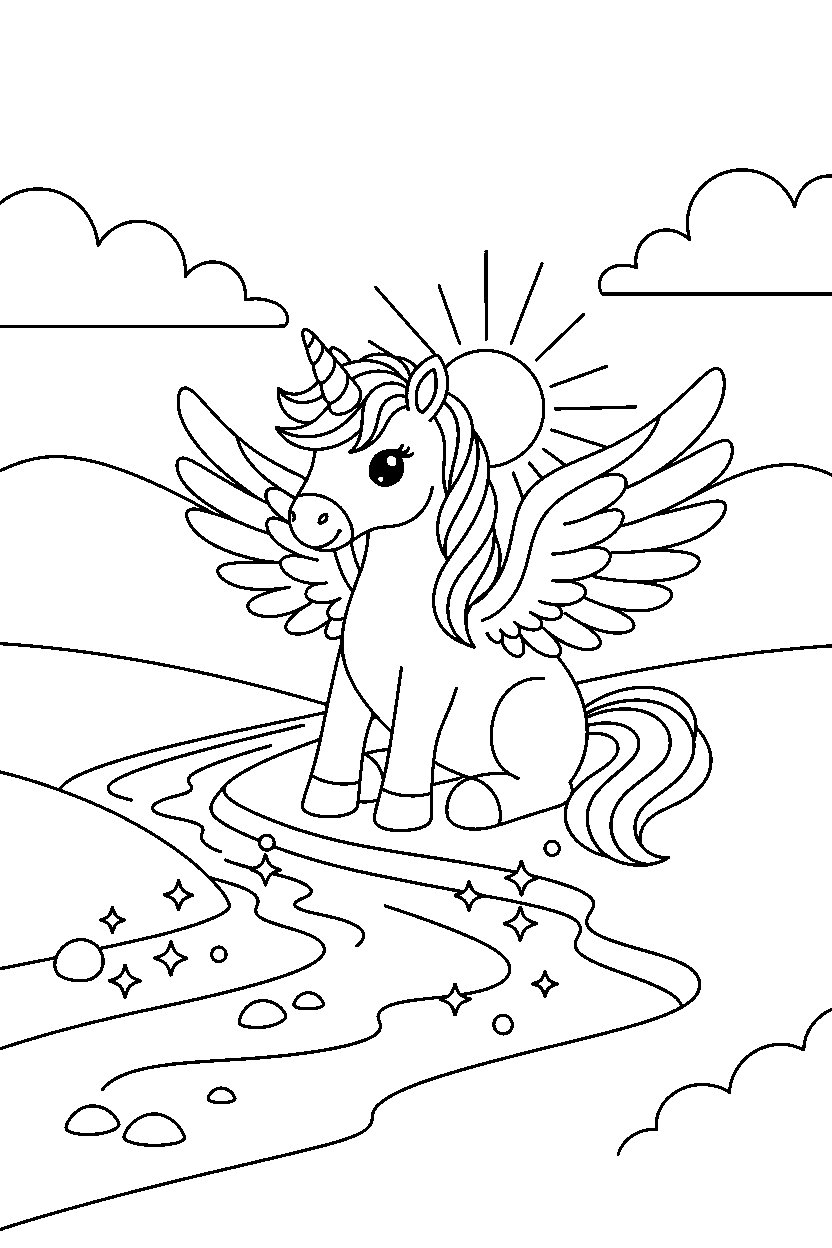 flying unicorn sitting peacefully near a sparkling river line art