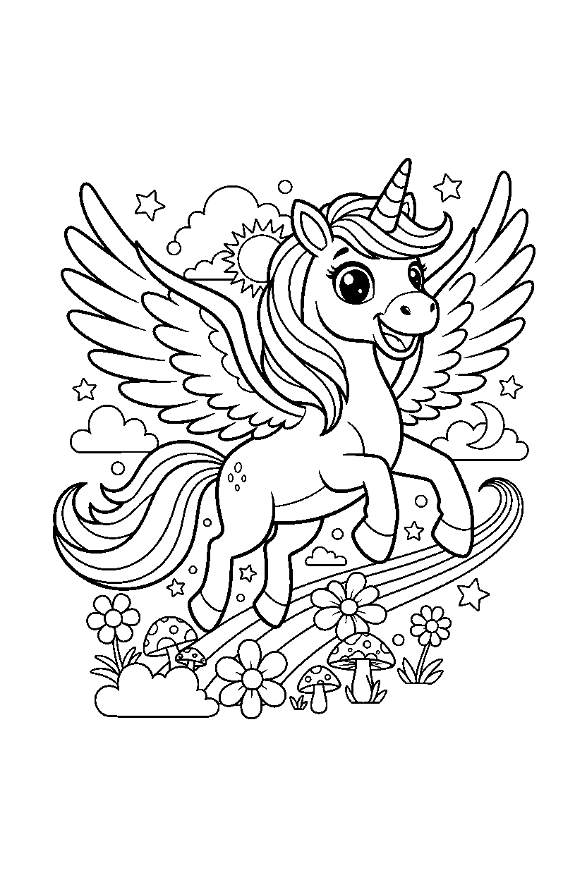 flying unicorn smiling happily in a colorful world line art