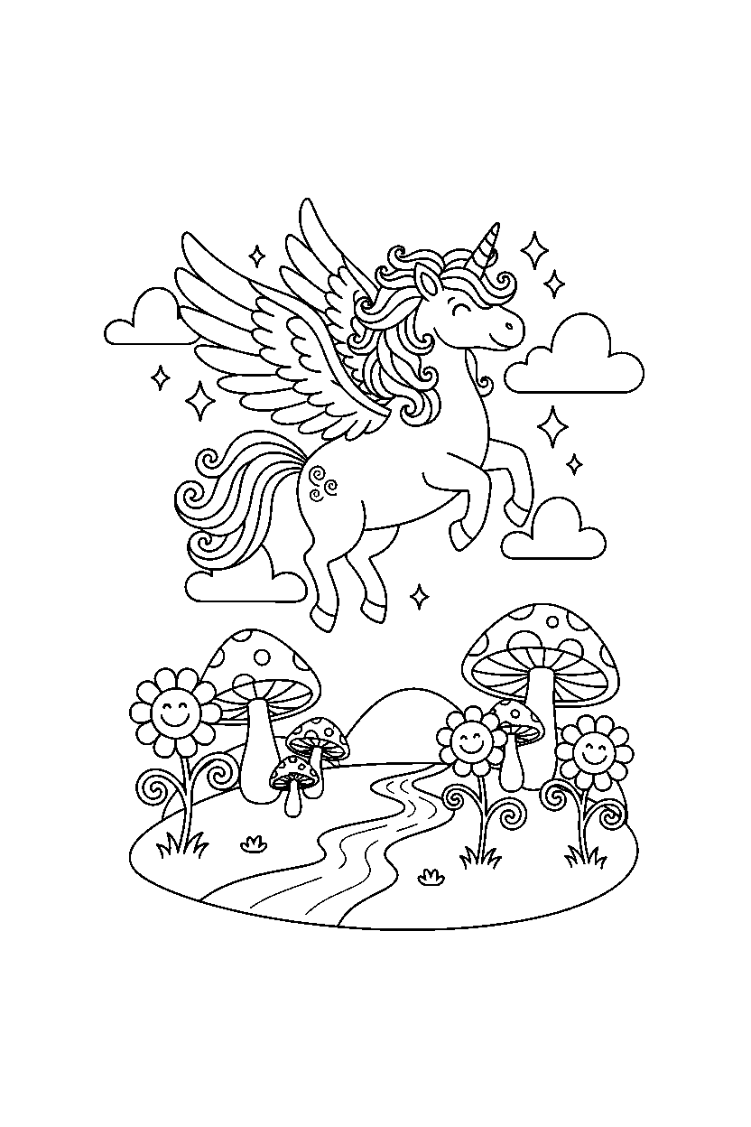 flying unicorn spinning happily in a fairy valley line art