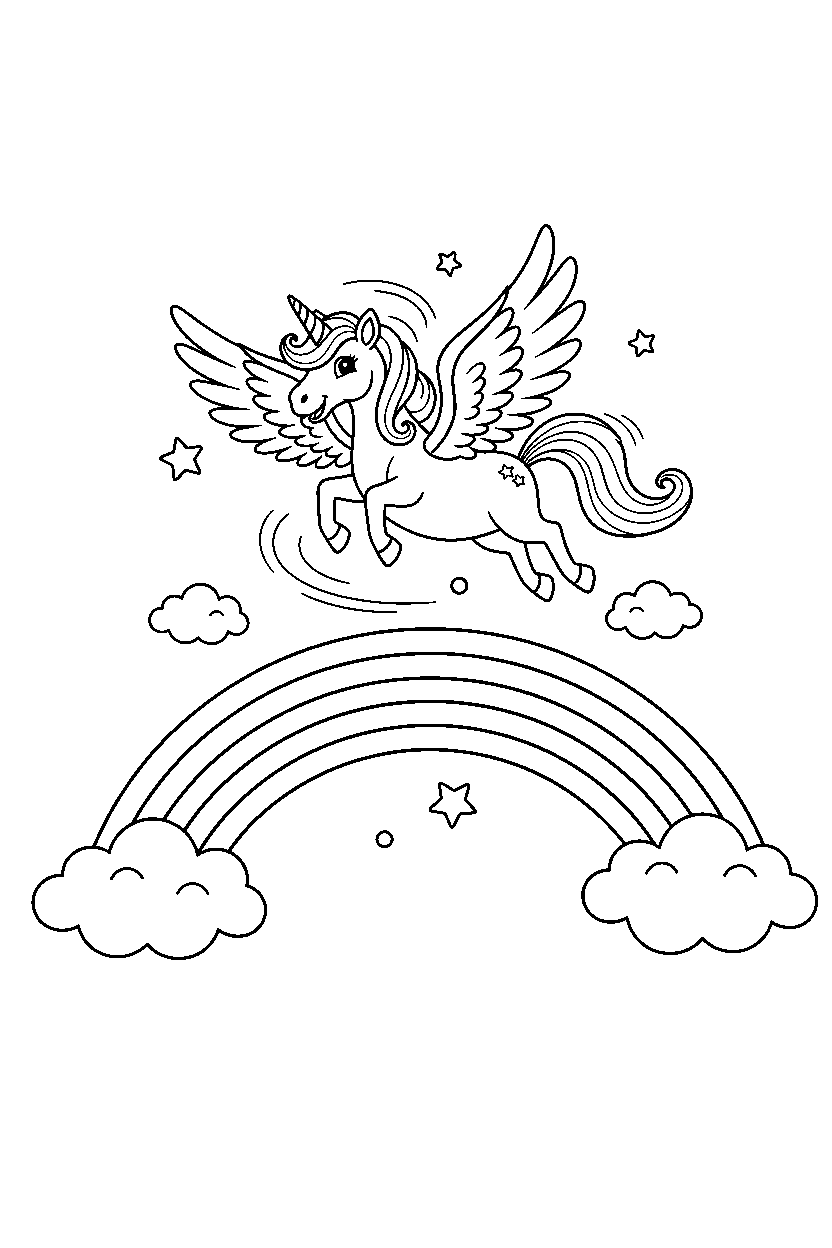 flying unicorn spinning happily near a rainbow bridge line art