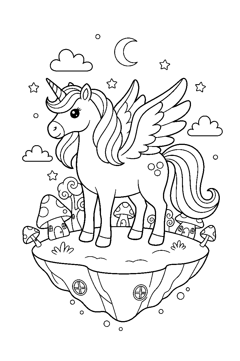 flying unicorn standing peacefully in a fantasy land line art