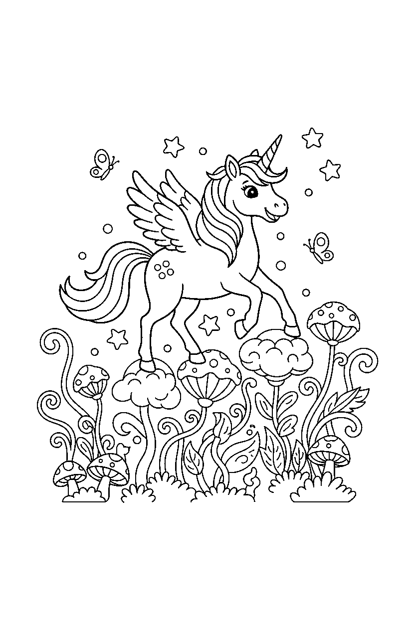 flying unicorn walking happily in a magical garden line art