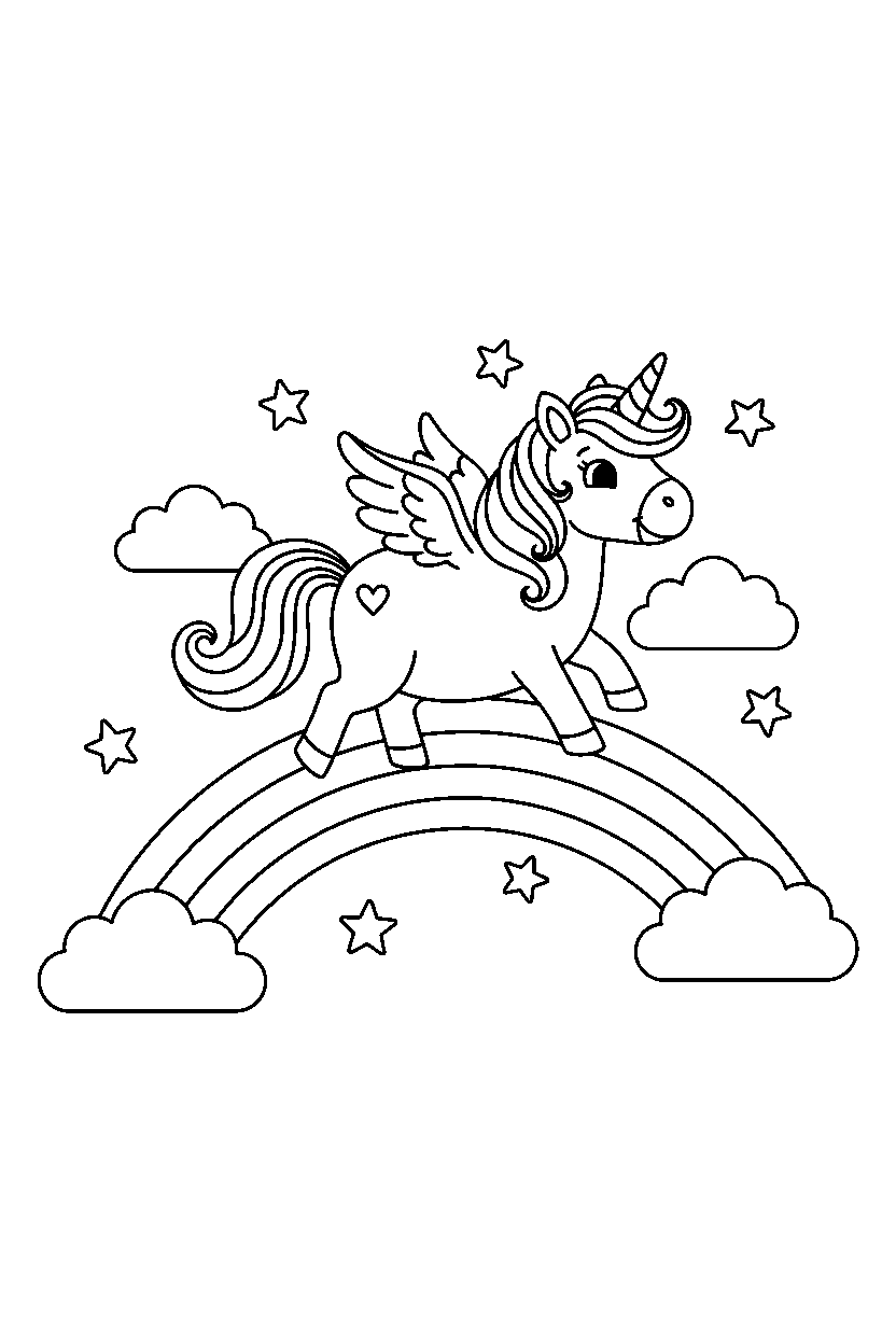 flying unicorn walking happily under a rainbow sky line art