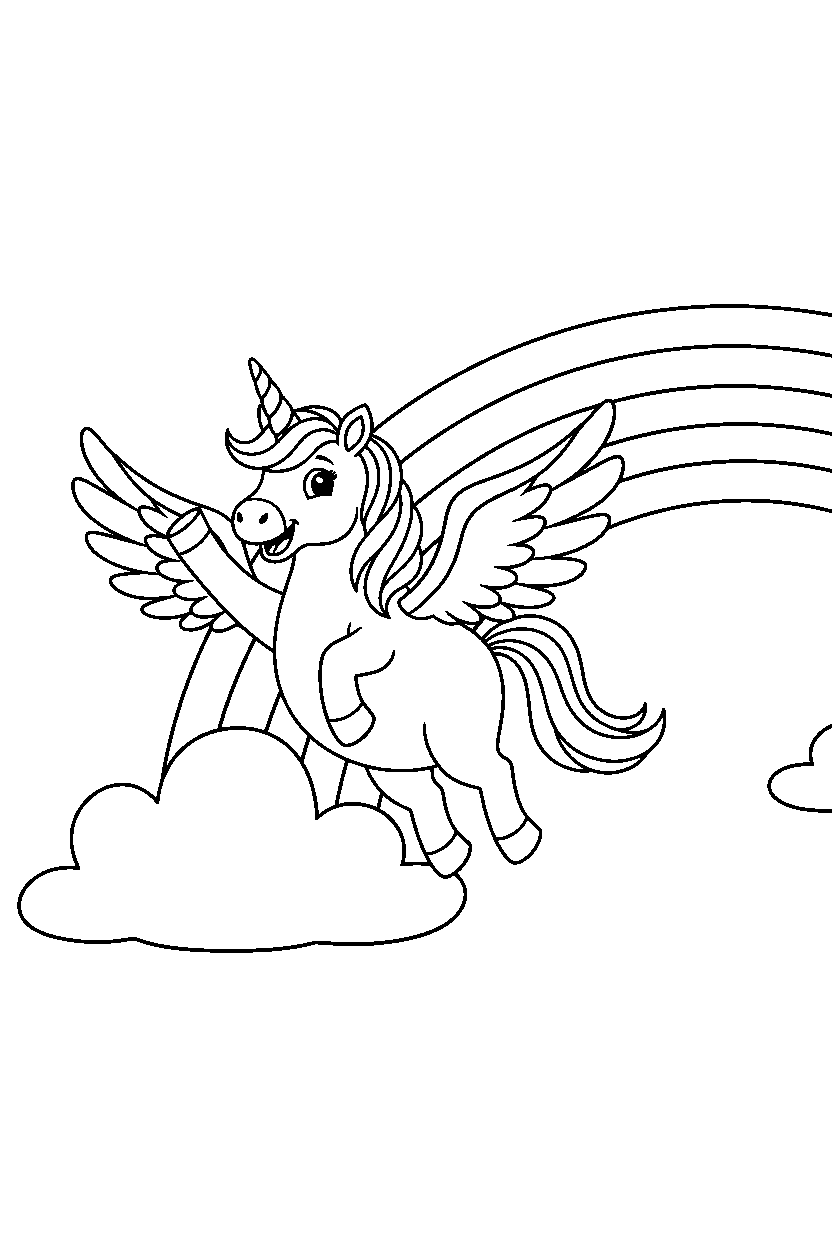 flying unicorn waving happily near a rainbow line art