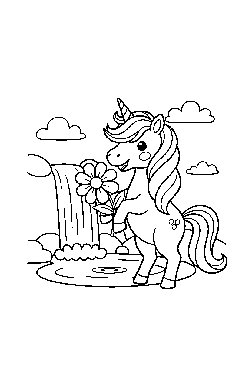 friendly unicorn holding a flower near a waterfall line art