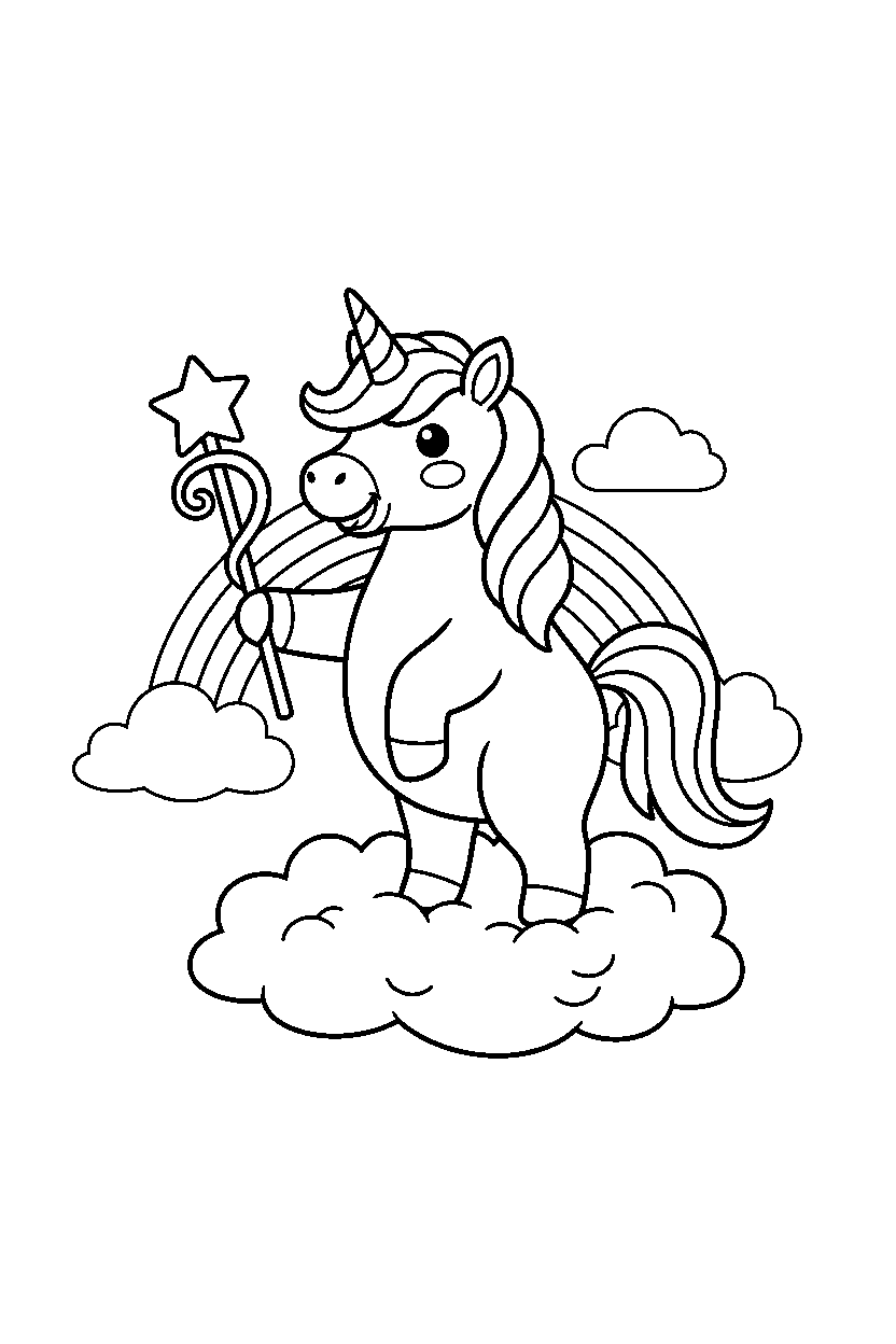 friendly unicorn holding a magic wand on a cloud land line art
