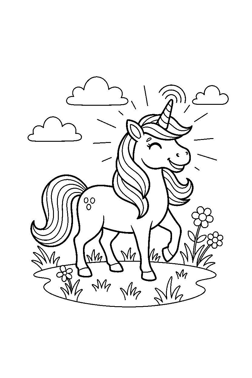 friendly unicorn looking happy in a glowing meadow line art