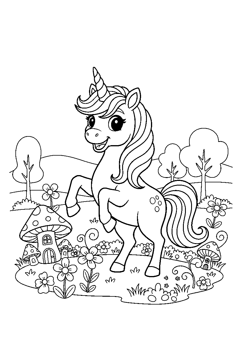 friendly unicorn looking happy in an enchanted meadow line art