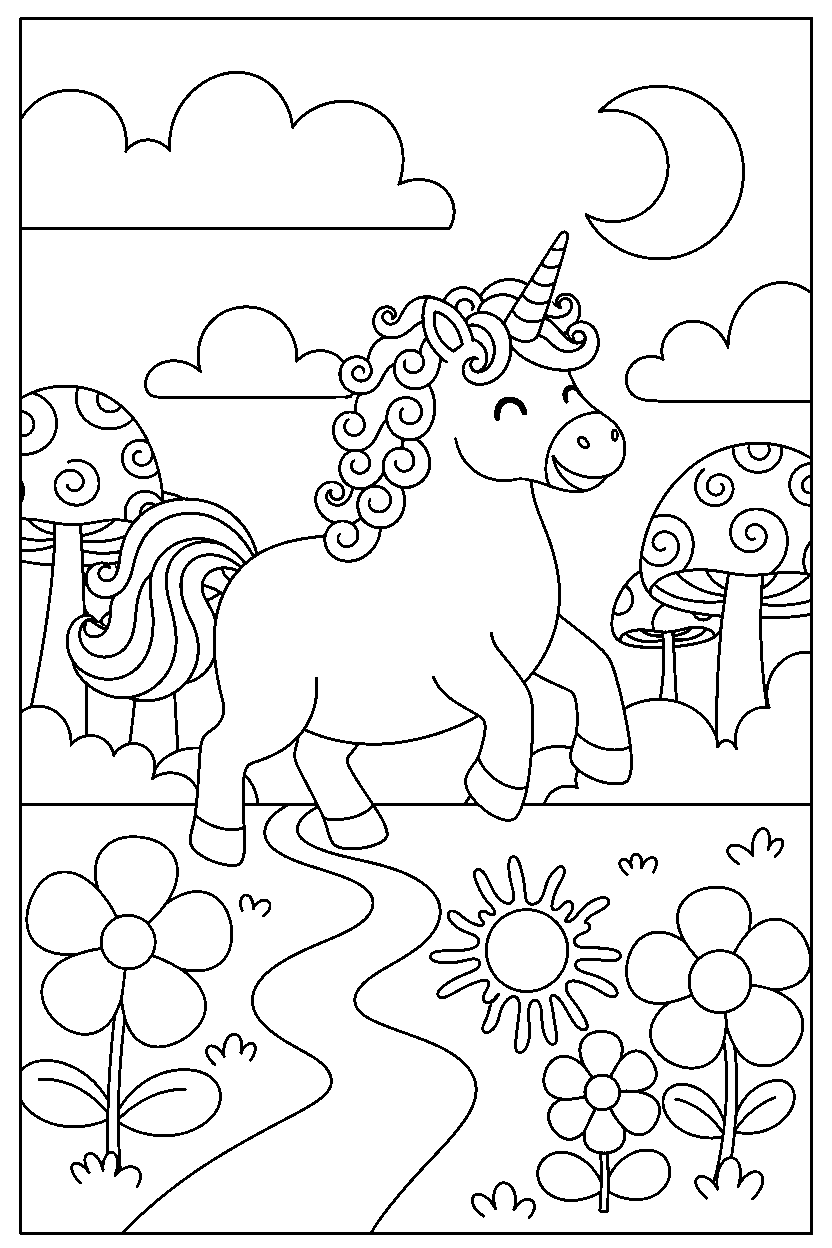 giant unicorn trotting happily in a colorful world line art