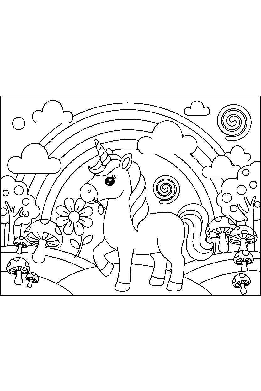 golden unicorn holding a flower in a colorful world line art