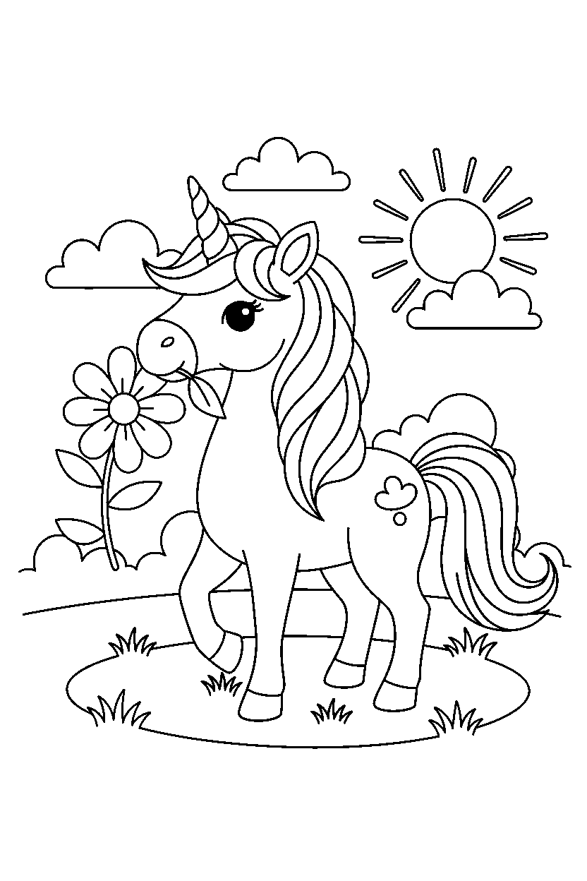 golden unicorn holding a flower on a sunny meadow line art