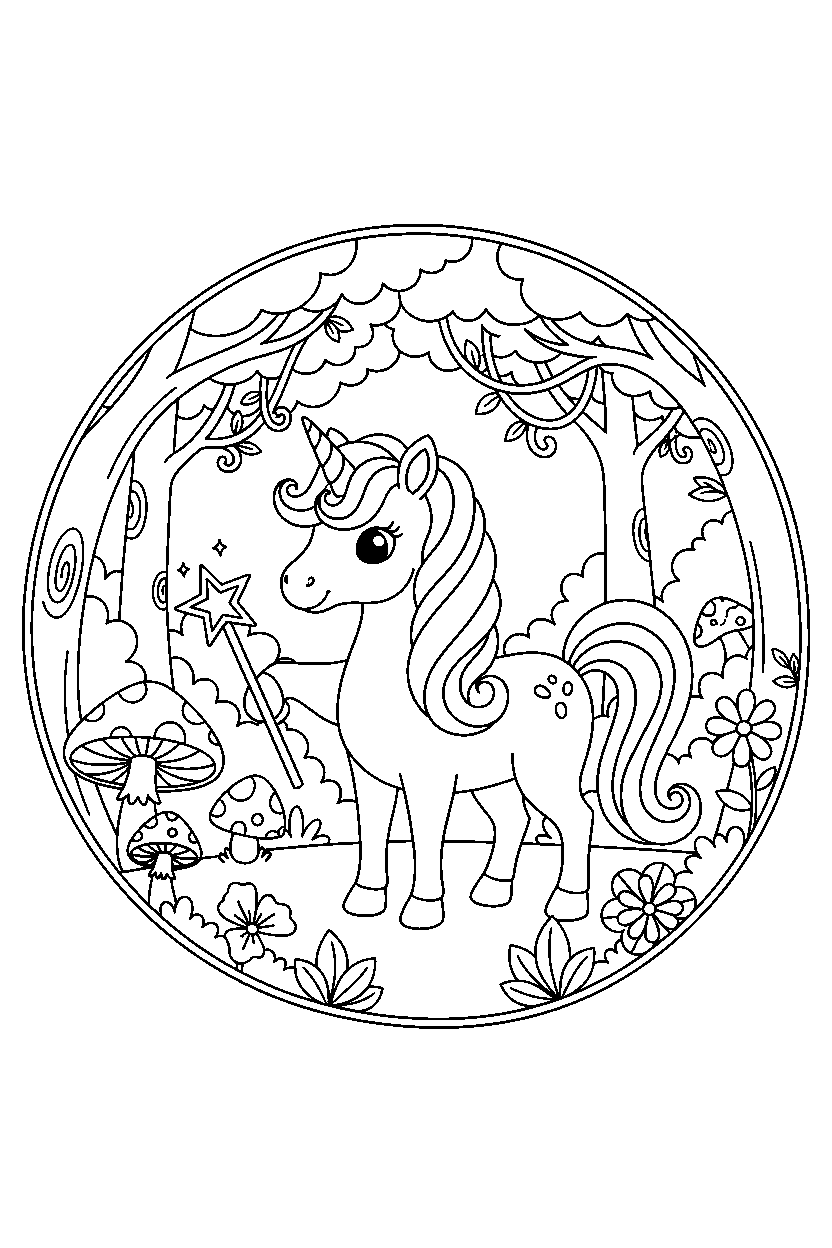 golden unicorn holding a magic wand in a hidden forest line art