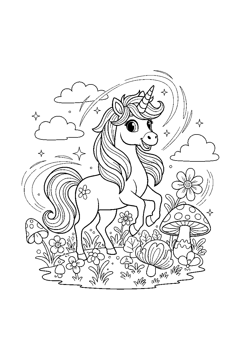 golden unicorn looking excited in a magical garden line art