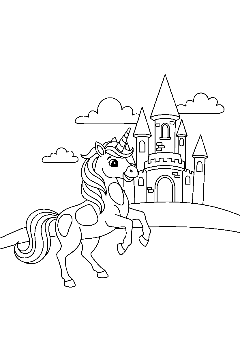 golden unicorn prancing happily near a castle line art