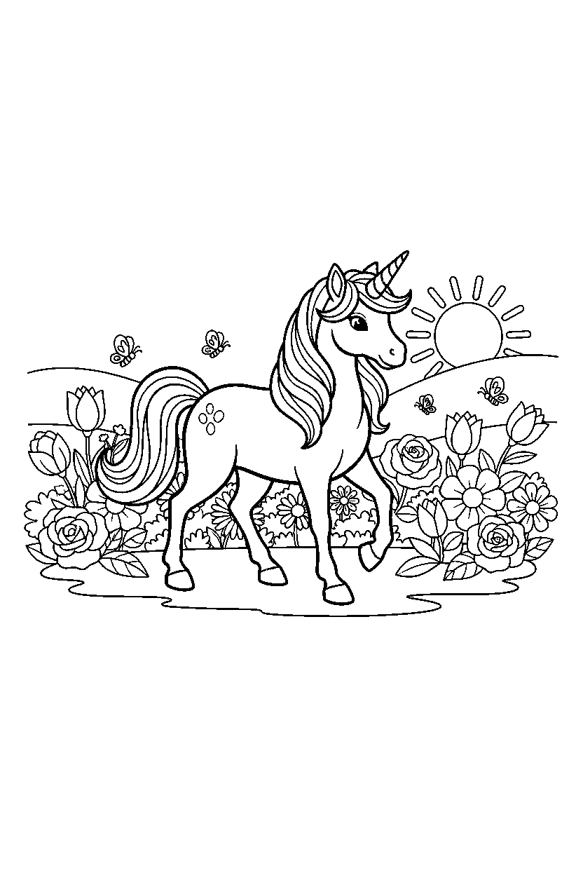 golden unicorn walking proudly near a flower garden line art