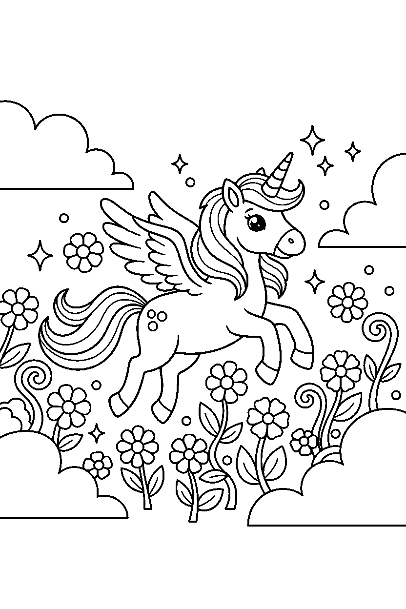 happy unicorn flying happily in a magical garden line art