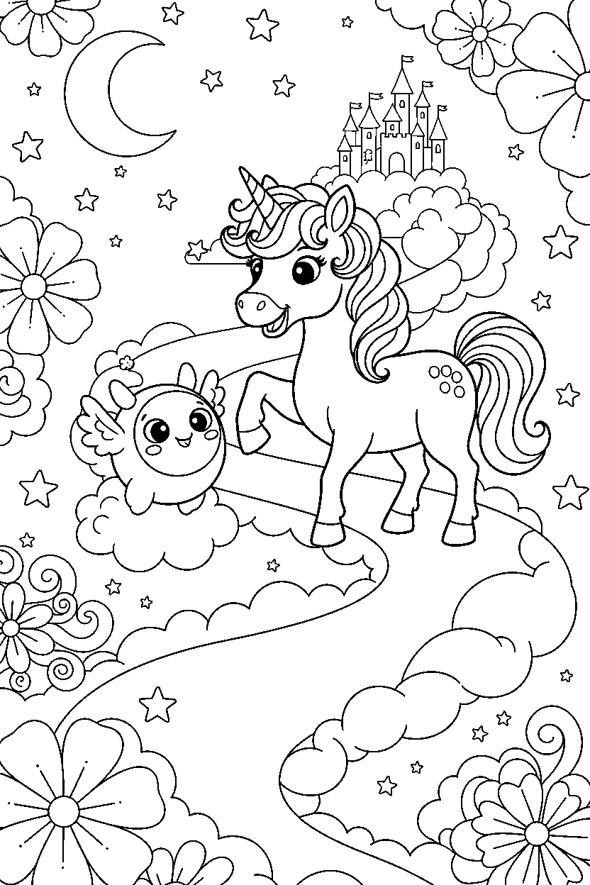 happy unicorn helping a friend in a dream world line art